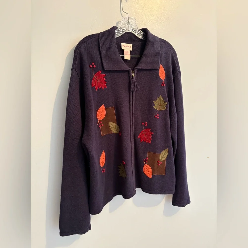 Vintage Crystal-Kobe Navy Full Zip Cardigan Leaf Fall Embroidery Collared Comfy